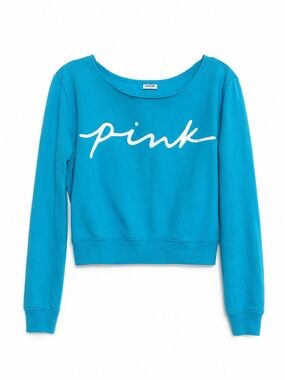 PINK Victoria's Secret Teal Cropped Crewneck Sweatshirt with White Logo